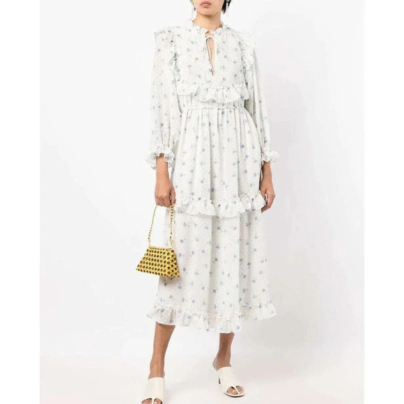 NWOT $299 STELLA NOVA Barbara Floral Ruffled Tiered Midi Dress - Cottagecore - Picture 3 of 10